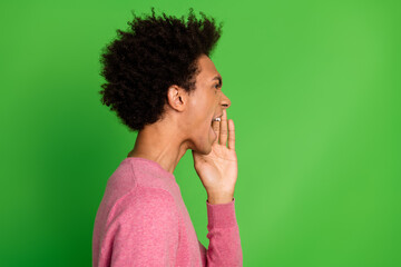 Poster - Photo of attractive funny guy wear pink sweater showuting announcement emtpy space isolated green color background