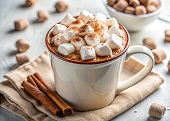 Sticker - Rich and creamy hot cocoa fills a ceramic mug, topped with fluffy white marshmallows, set against a clean and crisp white background, inviting warmth.