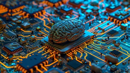 Poster - A brain model symbolizes AI technology on a circuit board, blending digital innovation and cuttingedge computing