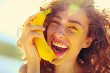 Wall Mural - A woman smiling and playfully holding a banana like a phone, capturing a moment of joy and fun.