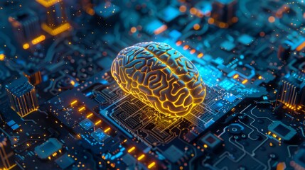 Poster - A brain model symbolizes AI technology on a circuit board, blending digital innovation and cuttingedge computing