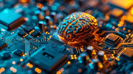 Poster - A brain model symbolizes AI technology on a circuit board, blending digital innovation and cuttingedge computing