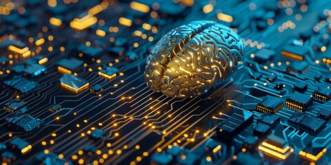 Poster - A brain model symbolizes AI technology on a circuit board, blending digital innovation and cuttingedge computing
