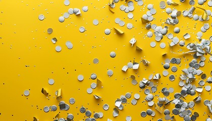 Festive yellow background with scattered silver confetti, top view. Great for celebration or party designs in yellow and grey hues.