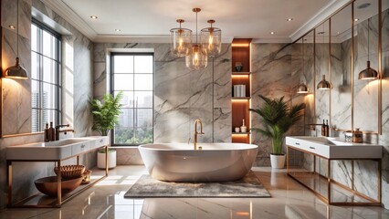 Luxurious modern bathroom features sleek copper accents, marble countertops, and chic freestanding tub set against a calming neutral background.