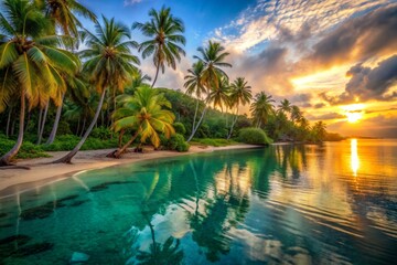 Serene tropical beachscape at sunset with golden light reflecting off calm turquoise water and lush green palm trees.