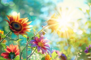 Poster - Sunlight shining brightly on a field of vibrant sunflowers reaching towards the sky, Colorful sunflowers reaching towards the sunlight