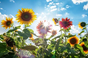 Sticker - A field filled with sunflowers reaching towards the sun under a clear blue sky, Colorful sunflowers reaching towards the sunlight