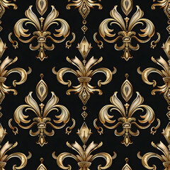 Luxurious and elegant seamless pattern with golden fleur-de-lis motifs on a sleek black background