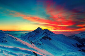 Canvas Print - A vibrant sunset casting colorful hues over a snowy mountain range, Colorful sunsets illuminating the skies over snowy mountain ranges