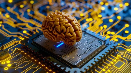 Poster - A brain model symbolizes AI technology on a circuit board, blending digital innovation and cuttingedge computing