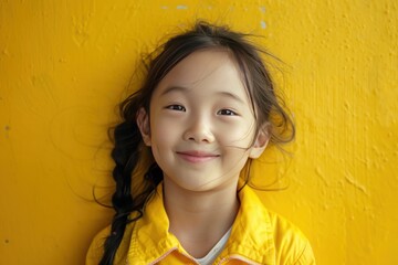 Canvas Print - A young girl with black hair and a yellow jacket is smiling at the camera