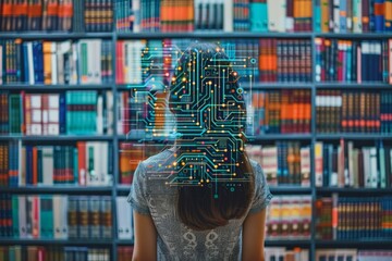 Poster - A woman stands in front of a bookshelf, with a digital circuit board overlaying her head