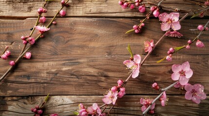 Poster - Spring branches with pink blossoms on wooden background Rustic composition of tree flowers on vintage table Close up copy space top view