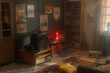 © pressmaster - Interior of retro living room featuring a TV, boombox, guitar, bookshelf, posters, and vintage decor with warm sunlight streaming through window