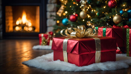 Red Gift Box with Gold Bow - Festive Present with Christmas Tree and Fireplace in Background.