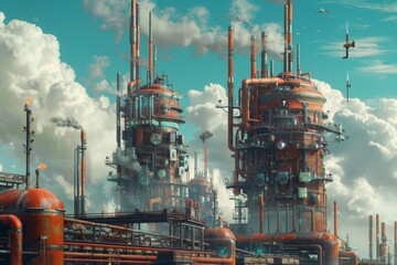 Poster - A painting depicting a factory with a plane flying overhead, showcasing industrial elements and a futuristic vibe, Combining industrial elements to form a futuristic mechanical landscape