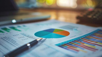Leinwandbilder - Financial report with pie charts and bar graphs showing revenue and expenses breakdown.