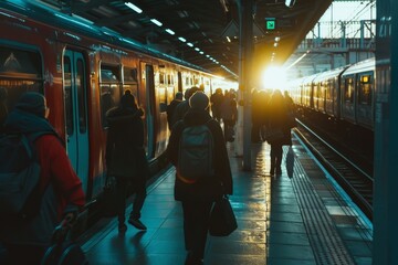 Sticker - Individuals gathered by train tracks at a busy station, preparing to board a train, Commuters walking to catch a train at a busy station