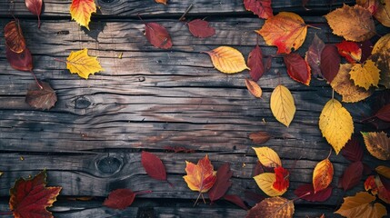 Sticker - Vintage autumn backdrop with vibrant yellow and red leaves on wooden surface