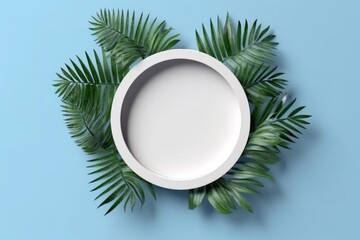 Poster - White Circle with Tropical Leaves on Blue Background