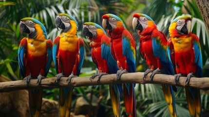 Poster - Group of colorful macaws perched on a branch, showcasing their vibrant feathers at the zoo