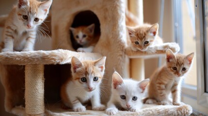 Poster - Group of kittens playing in and around a multi-level cat house, full of energy and fun.