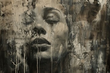 Poster - painting of a womans face with colorful paint dripping down, creating a dynamic and vibrant visual, 