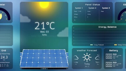Solar power monitoring system, digital infographic data of green energy management app dashboard, clean renewable electricity technology, Net zero carbon emission home IoT user interface 3d rendering