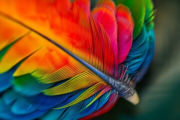 A macro shot of a vibrant, multi-colored parrot feather