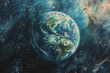 Poster - A painting of Earth drifting through the vastness of outer space, Constant companion to Earth, drifting through space in perfect harmony