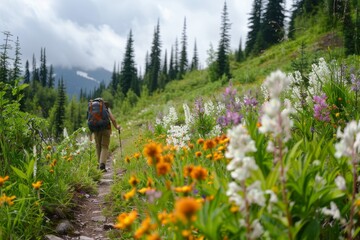 Poster - A man carrying a backpack walks through a field of colorful wildflowers, Convey the simplicity and tranquility of life on the trail