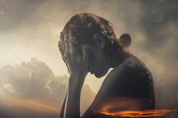 Wall Mural - double exposure woman in despair