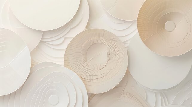 An abstract background with circular geometric patterns in a neutral palette, including shades of ivory, tan, and soft grey, arranged to create a tranquil, flowing visual effect.