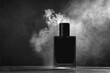 © Konstiantyn Zap - A black perfume bottle sits on a wooden surface, surrounded by wisps of white smoke
