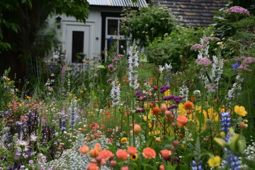 Poster - A garden brimming with a diverse array of vivid and multicolored flowers in full bloom, Cottage garden overflowing with whimsical flowers and herbs