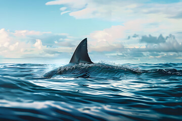 Great white shark fin breaching surface of the ocean