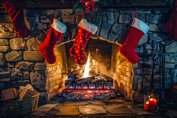 Poster - A cozy fireplace with Christmas stockings hanging over it, emitting a warm glow, Cozy fireplace with stockings hung and warm glow