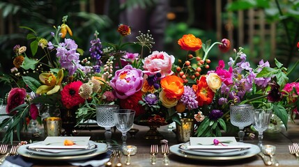 Elegant wedding table arrangement including vibrant flowers very detailed and realistic shape