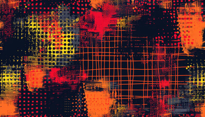 Wall Mural - Abstract Pattern with Red, Yellow, Orange Grid and Dots on Dark Background