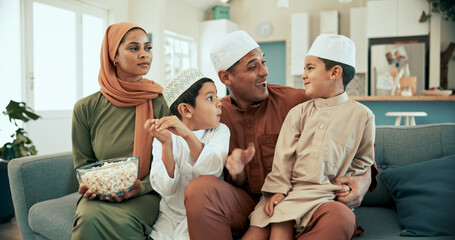muslim family, home and watching television in living room, children and islamic father with boys to