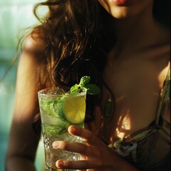 Poster - Woman Enjoying Refreshing Mojito Drink in Tropical Setting