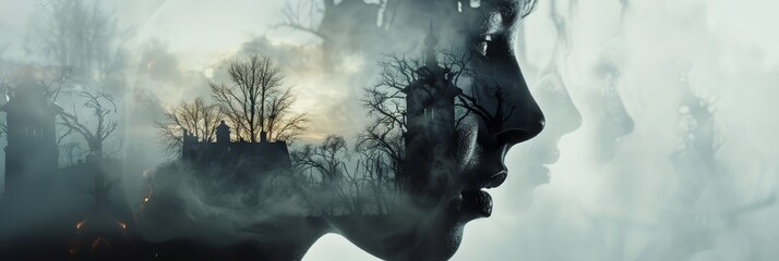 Canvas Print - Haunting Apparition Symbolizing the Paranormal with Copy Space for Text Overlay. Double exposure style image with a ghostly,ethereal figure in a mysterious,moody,and atmospheric composition. - Hauntin