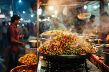 Wall Mural - A large bowl overflowing with a variety of delicious food items placed on a table, Craft a whimsical interpretation of a spicy chaat dish served on a bustling street food stall