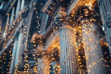 Poster - A building with lights shining brightly against the dark night sky, Craft an ethereal composition featuring delicate fairy lights draped over intricate architectural details