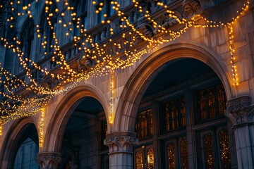 Poster - Illuminated Building in the City at Night, Craft an ethereal composition featuring delicate fairy lights draped over intricate architectural details