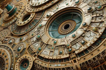 Poster - Intricate details of a clock face with hands pointing to specific numbers for timekeeping, Craft an intricate pattern that evokes a sense of science fiction and technological advancement