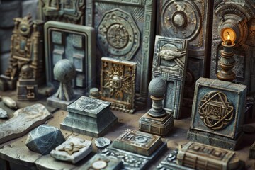 Poster - A table covered with an assortment of different items, showcasing a variety of textures and shapes, Crafting unique textures for 3D modeling projects