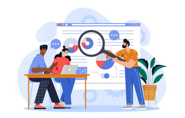 Poster - Analytics of company information. Man with magnifying glass and woman analyze graphs and diagrams. Analysts conduct marketing research. Infographics and statistics. Flat vector illustration