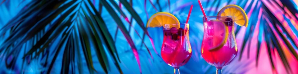 Two romantic alcohol cocktail glasses on neon tropical background with palm leaves and shadows. Cold aperitif drink with lemon slice and ice cubes. Valentines day concept for banner, flyer